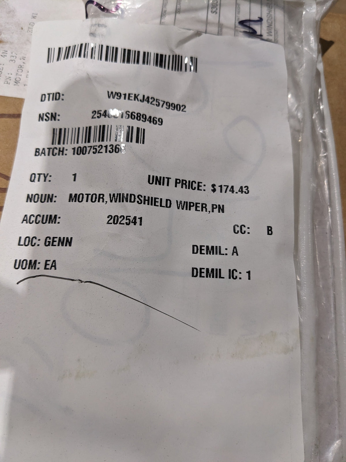 JCB INC. 332/E0698 Windshield Wiper Motor - NSN 2540-01-668-9469 - inventory label