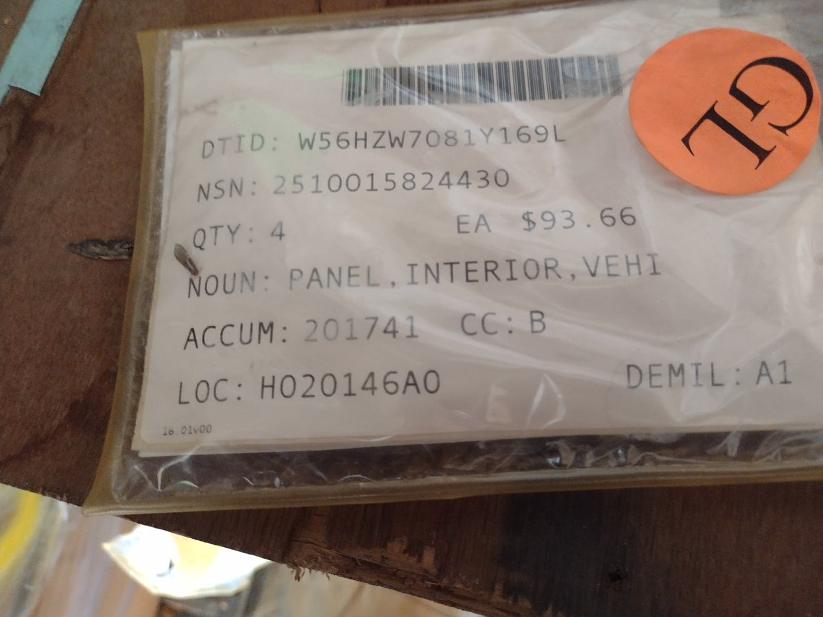 Plasan North America 0312107376-00 Interior Door Panel - NSN 2510-01-582-4430 - inventory label