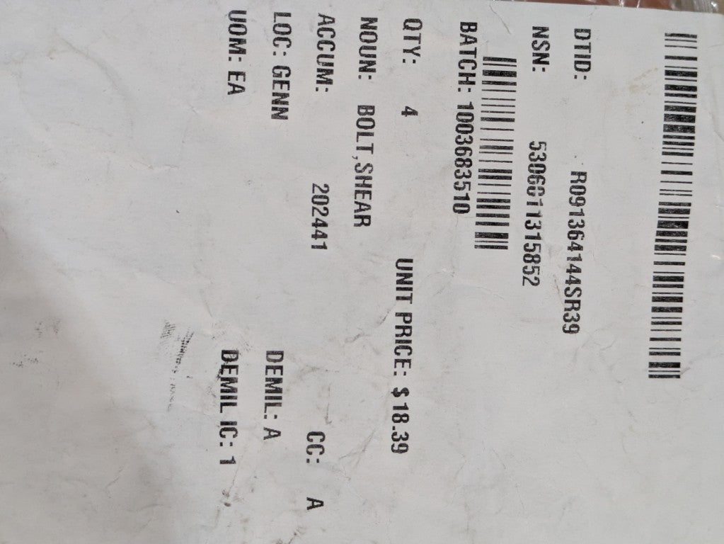 National Aerospace Standards NAS6308U18D Shear Bolt - NSN 5306-01-131-5852 - inventory label