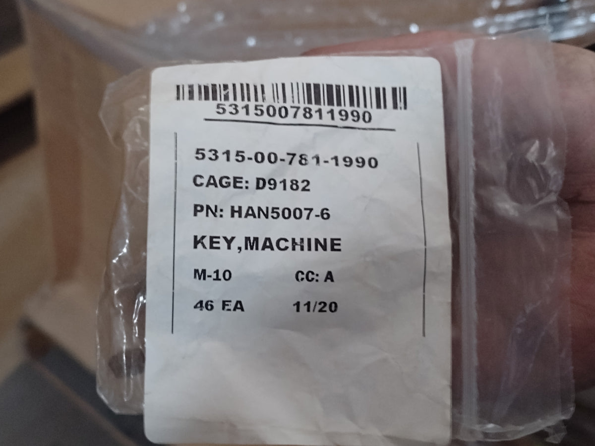 National Aerospace Standards MS20068-93 Machine Key - NSN 5315-00-781-1990 - inventory label