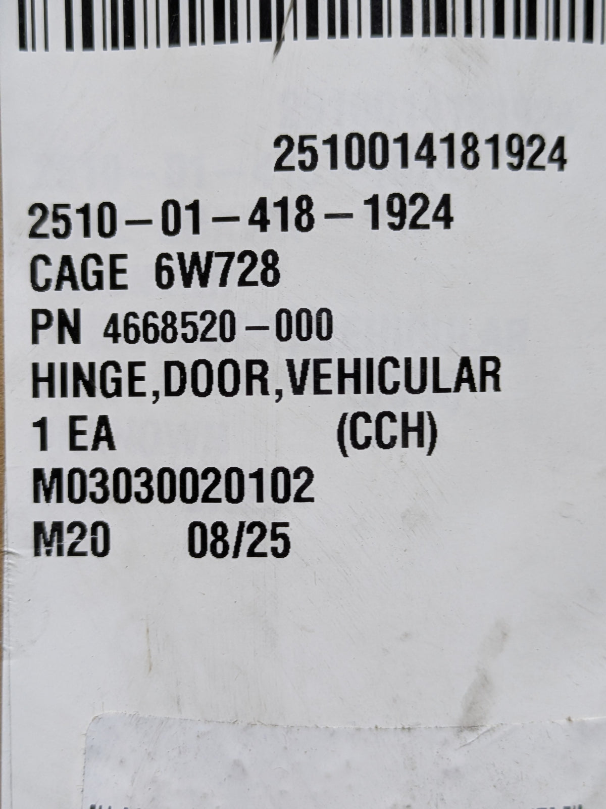 AMZ Alabama Inc. 4668520-000 Vehicular Door Hinge - NSN 2510-01-418-1924 - inventory label