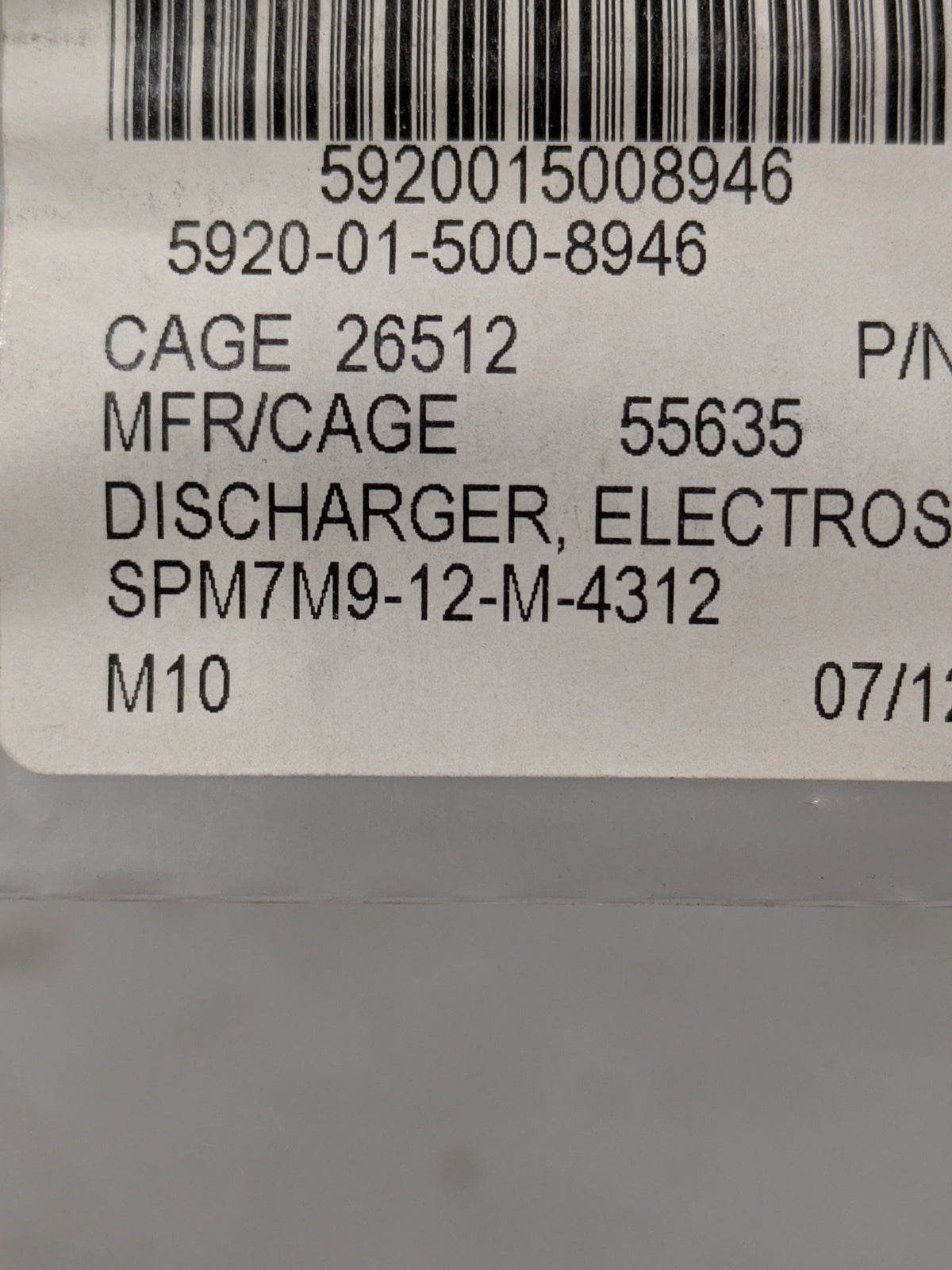 Dayton-Granger 16330 Electrostatic Discharger - NSN 5920-01-500-8946 - inventory label
