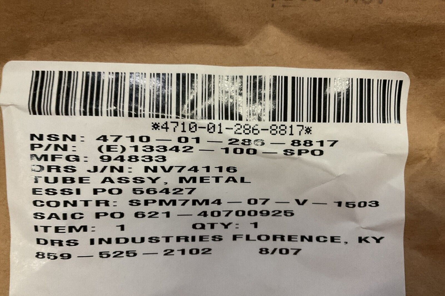 NEW DRS 13342-100 METAL TUBE ASSEMBLY 13342100 4710-01-286-8817 4710012868817