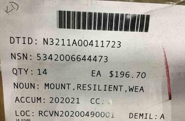 MIL-M-17508 WEAPON SYSTEM RESILIENT MOUNT TYPE 7E450 31115-1 5342-00-664-4473