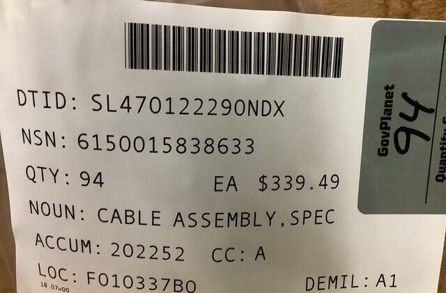 MRAP-MATV 3857884 CABLE ASSEMBLY, ANT LOW 180.0 DK 103432-1 6150-01-583-8633