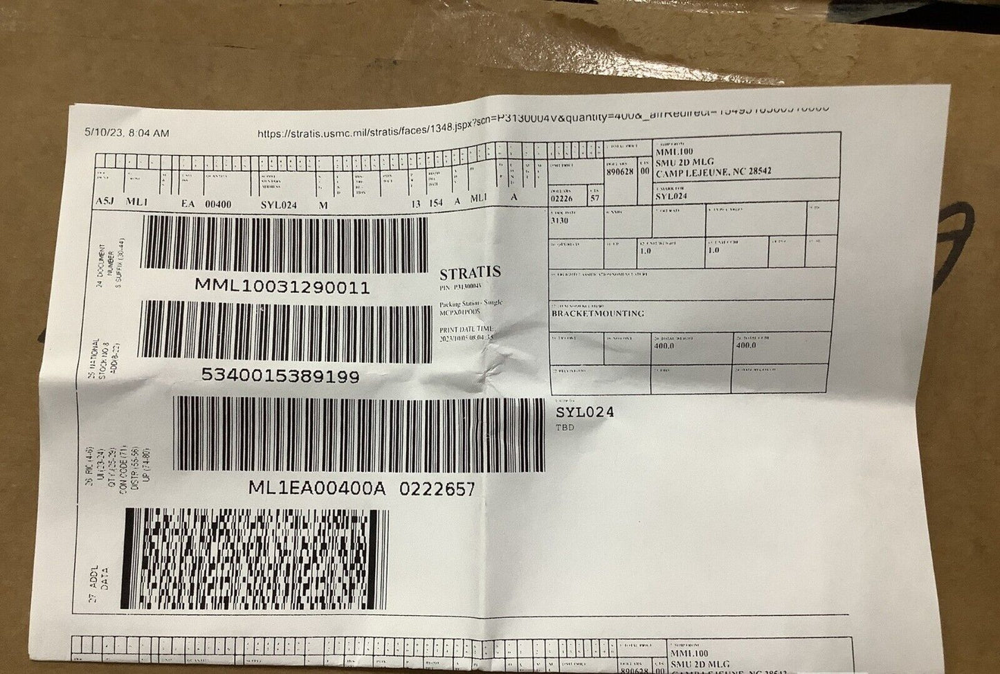 1EA MARINE CORPS 87001C0160 AUGER ASSEMBLY MOUNTING BRACKET 5340-01-538-9199