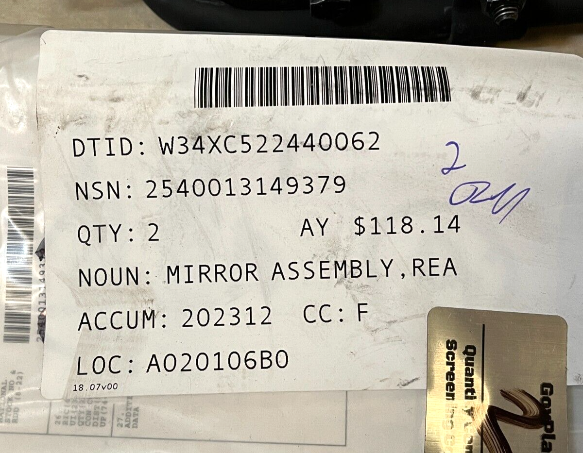 *NEW* HMMWV HUMVEE HUMMER H1 PASSENGER MIRROR ASSEMBLY M-998 12342130 BLACK