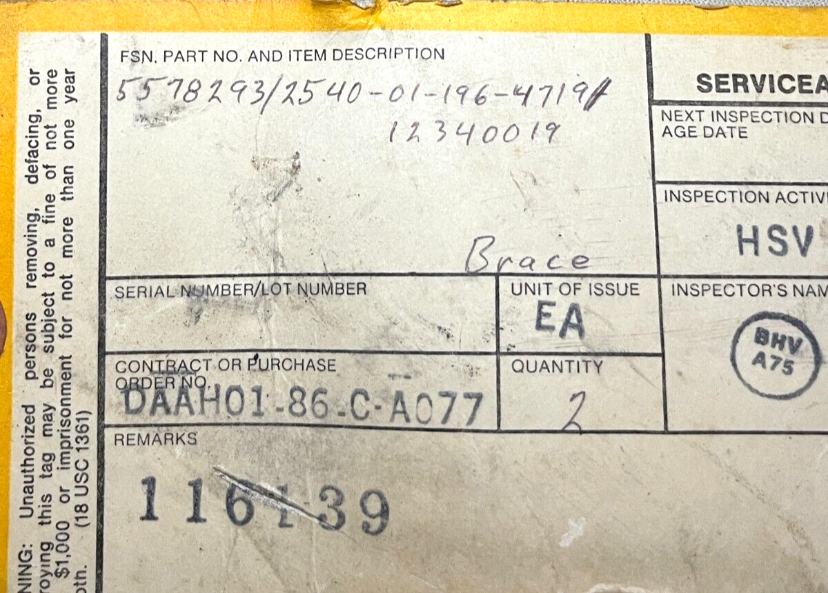 M998 HMMWV HUMVEE 5578293 BRACE INNER LIFT REAR BUMPER 12339185 2540-01-196-4719