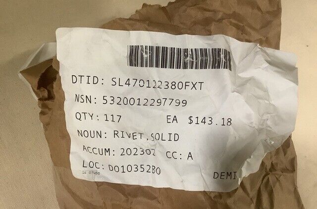 NEW AIRCRAFT, B-1B 8948073P088 SOLID RIVET 5320012297799 5320-01-229-7799 USA