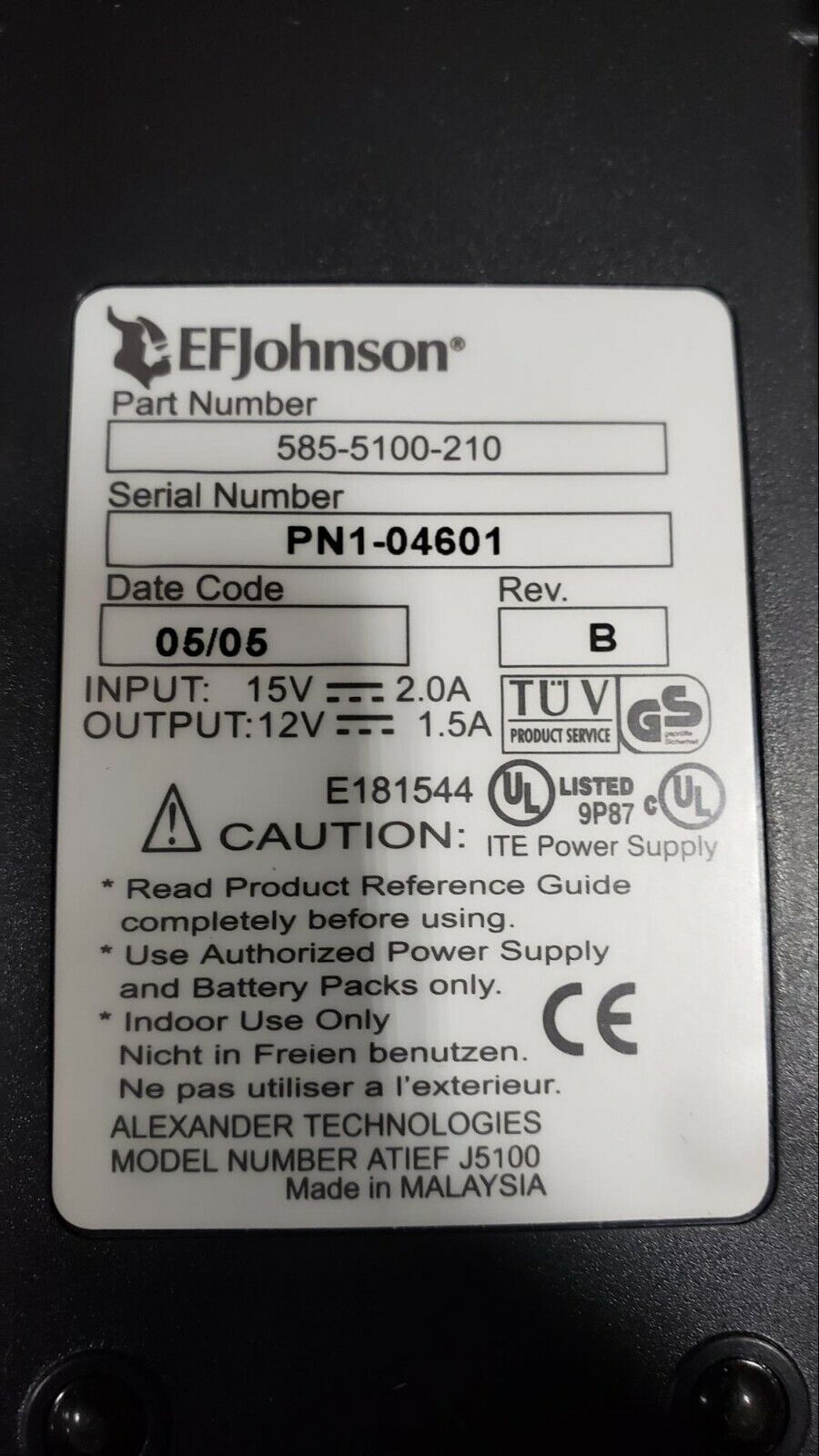 Original EF Johnson Single Unit Battery Charger Kit 585-5100-210 NO Power Supply