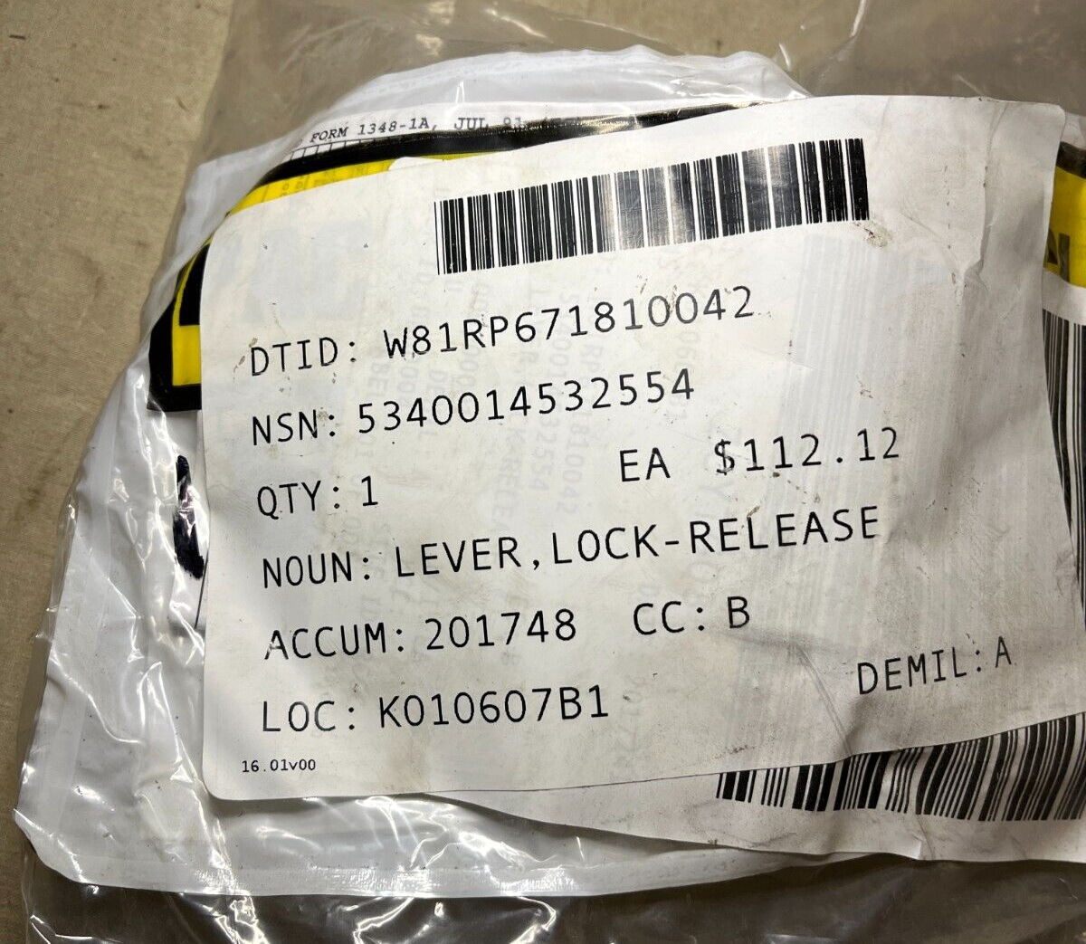 MILITARY HEMTT, BAP PALLET A6210372 LOCK-RELEASE LEVER 13538 5340-01-453-2554