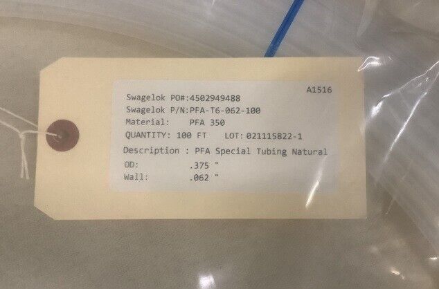 PFA TUBING PFA-T6-062-100 3/8 IN OD X 0.062 IN WALL X 100 FEET 4720-01-497-0104