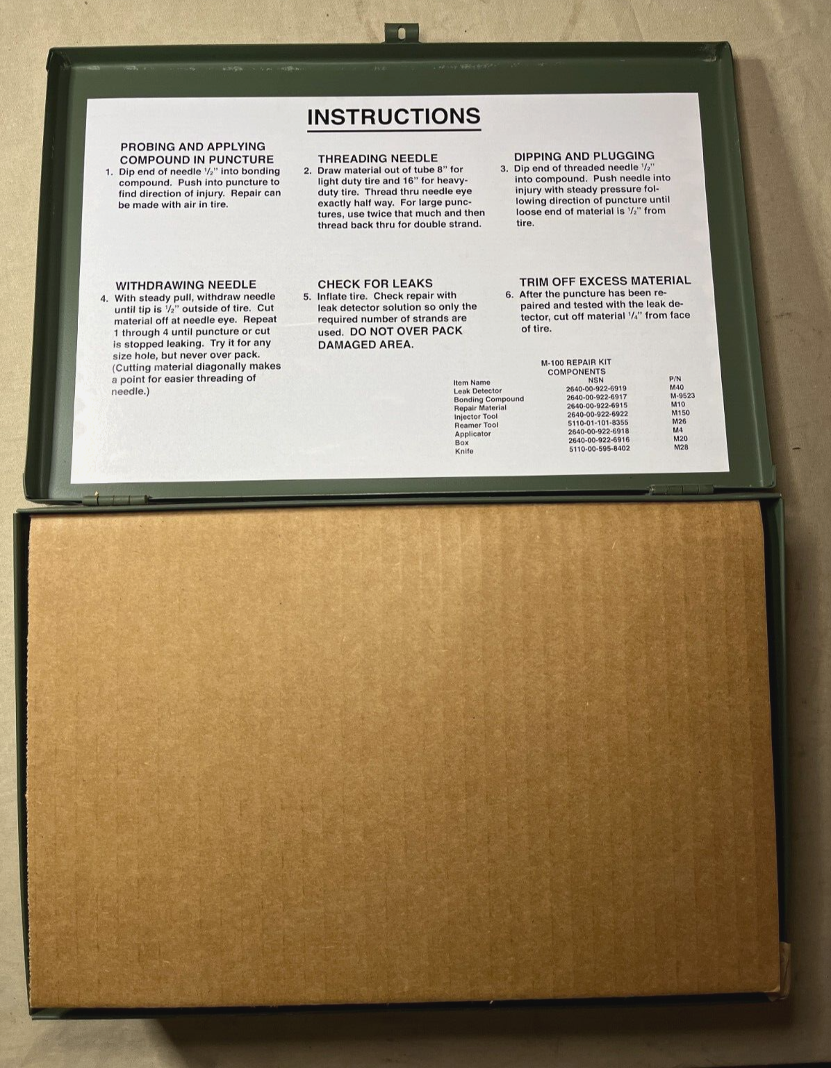 TUBELESS PNEUMATIC T1 TIRE PUNCTURE REPAIR KIT M100 3R7644 2640-00-922-6921