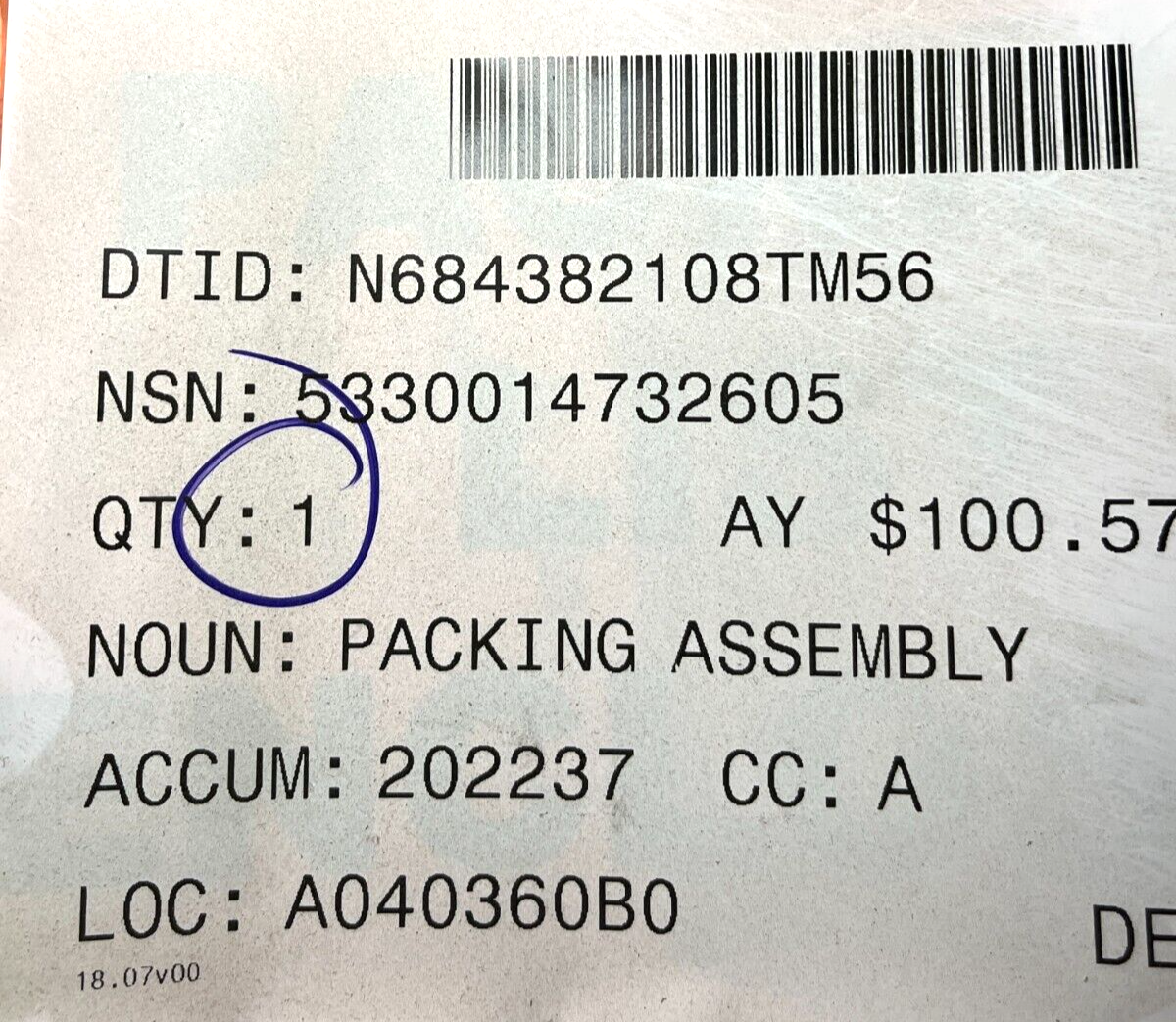 OHIO CLASS SUBMARINE 1081-60-5 PACKING ASSEMBLY 5330-01-473-2605