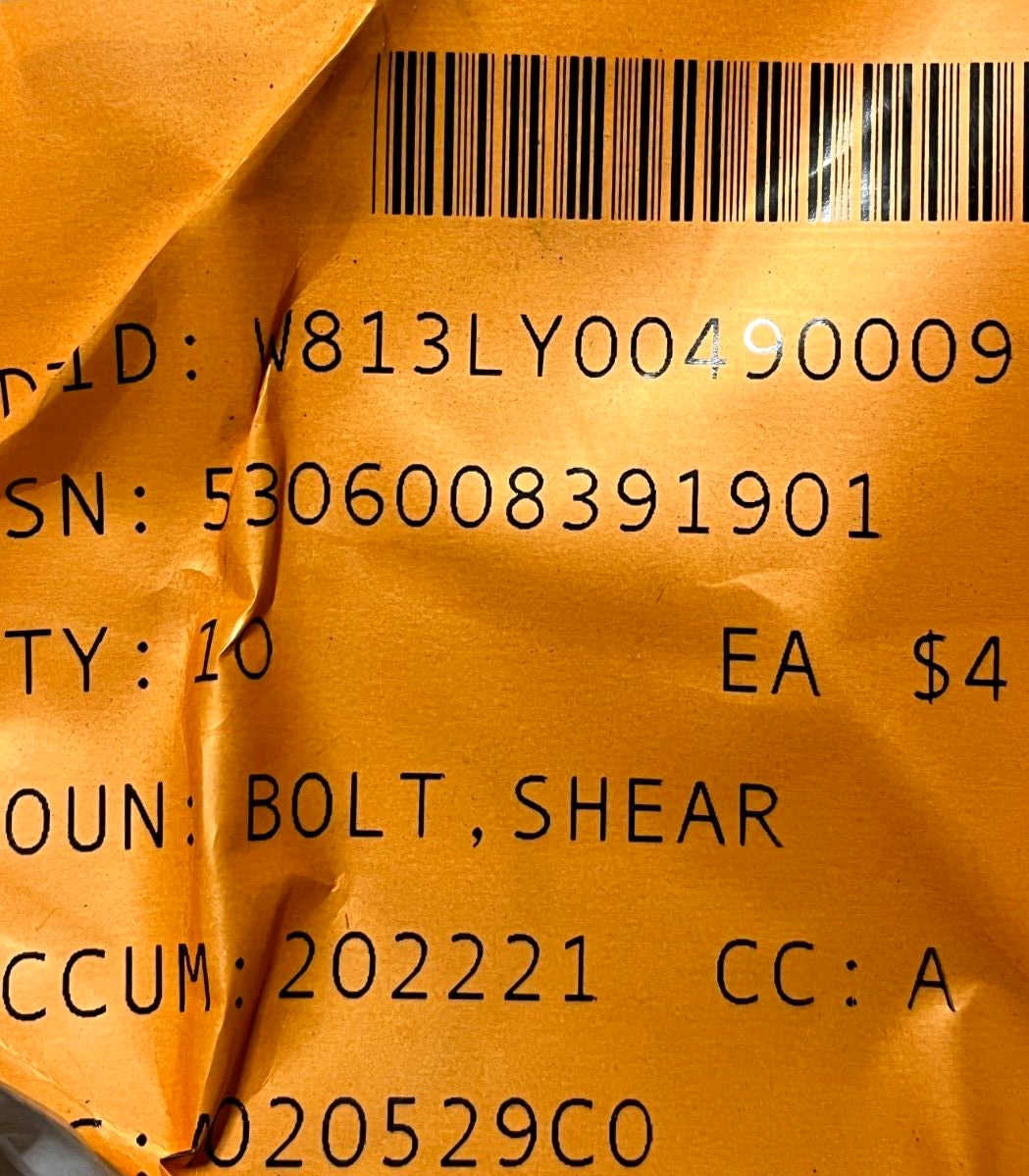 BLACK HAWK NAS626H15 SHEAR BOLT / LENGTH: 1-9/16" 5306008391901 5306-00-839-1901