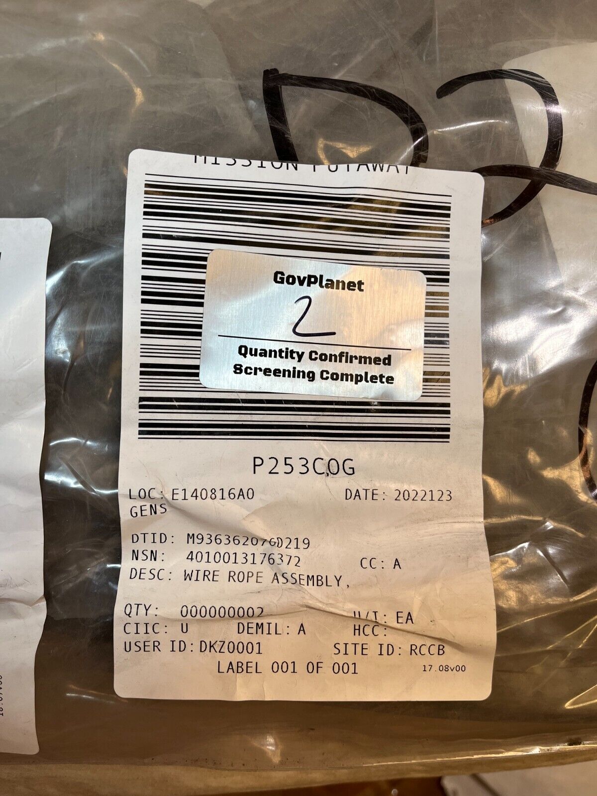 FULL TRACKED TRACTOR R52019 SINGLE LEG WIRE ROPE ASSY 15501400 4010-01-317-6372