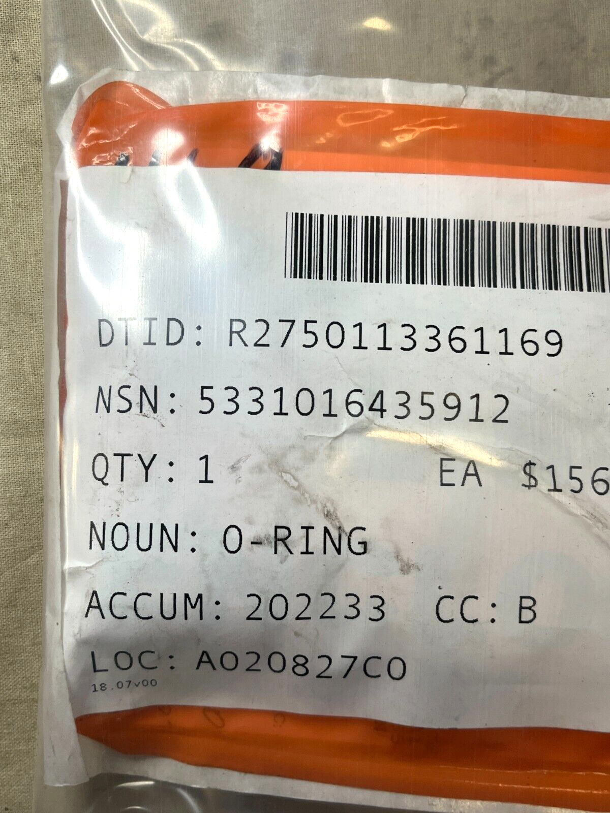 O-RING BONNET V24509A-50-07-TR-15 5331016435912 5331-01-643-5912 NOS