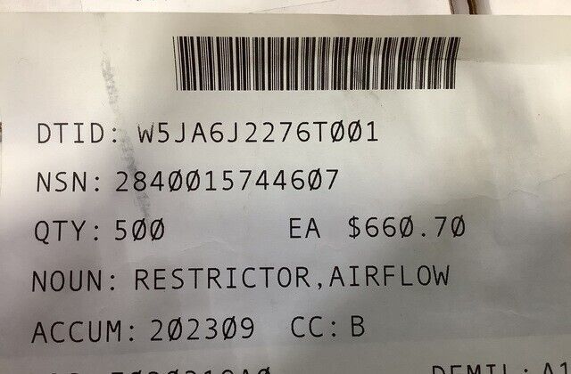 USGI MILITARY CP DEPMEDS AIRFLOW RESTRICTOR 5499-01 549901 2840-01-574-4607
