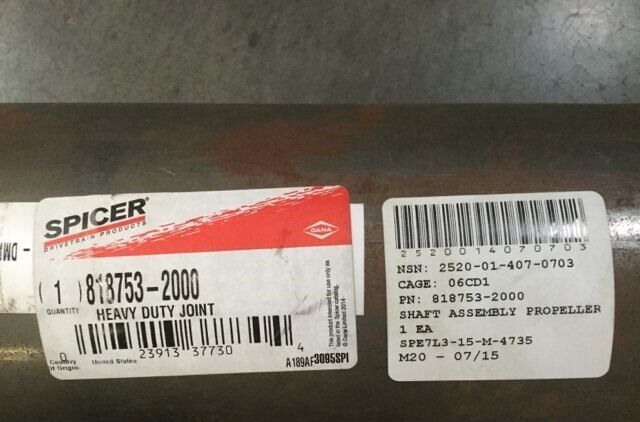 PALLETIZED LOADING SYSTEM VEHICULAR PROPELLER SHAFT 818753-2000 2520-01-407-0703