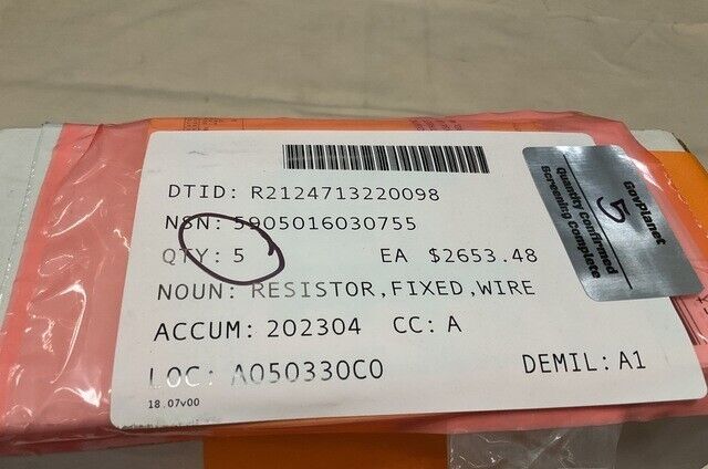 4000 OHM OHMITE RESISTOR, WIRE WOUND POWER, TYPE IW 5%, 150W 5905-01-603-0755