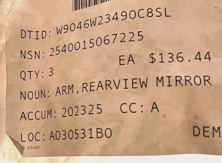 XM1117 ARMORED VEHICLE 12503747 REARVIEW MIRROR ARM LH 136671 2540-01-506-7225