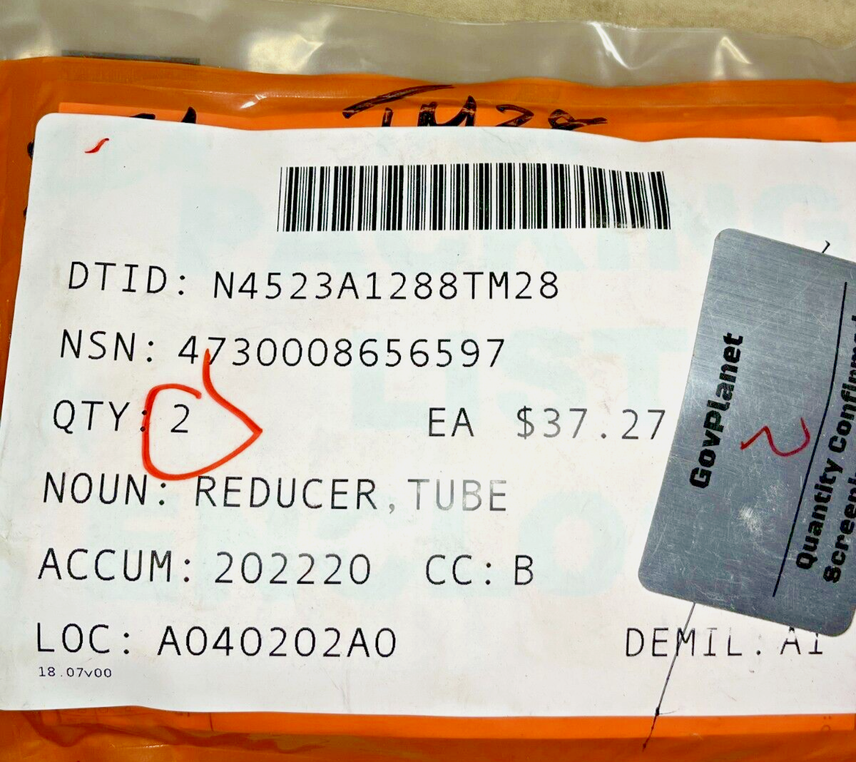 AIRCRAFT SAE TUBE FITTING, TUBE REDUCER 372027-16-12C 4730-00-865-6597
