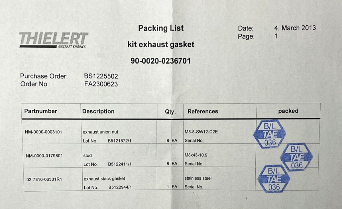 THIELERT KIT EXHAUST GASKET 90-0020-0236701 NM-0000-0179801, NM-0000-0003101