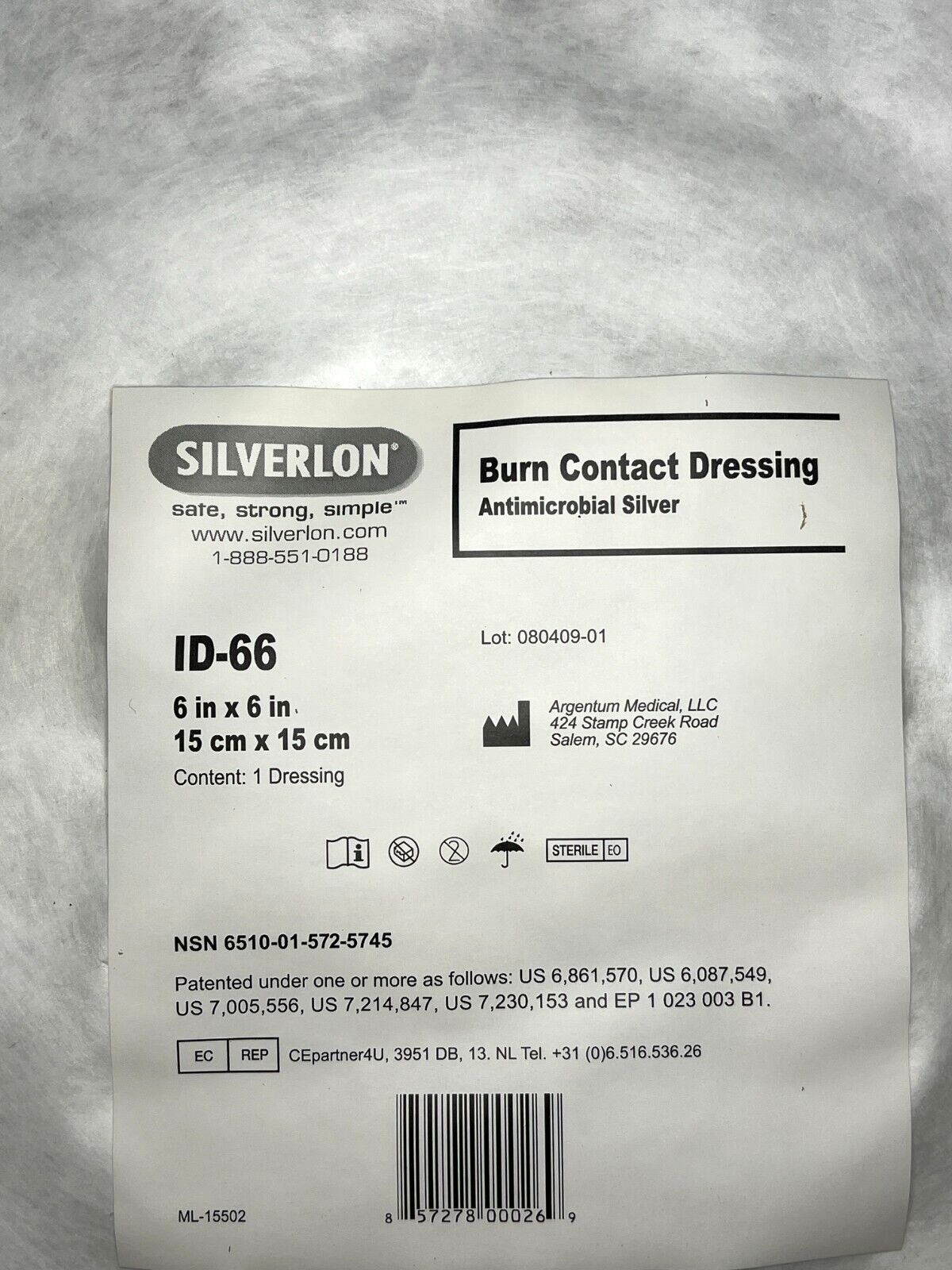 (5EA)ARGENTUM SILVERLON ID-66 6'' 15'' SILVER SURGICAL DRESSING 6510-01-572-5745