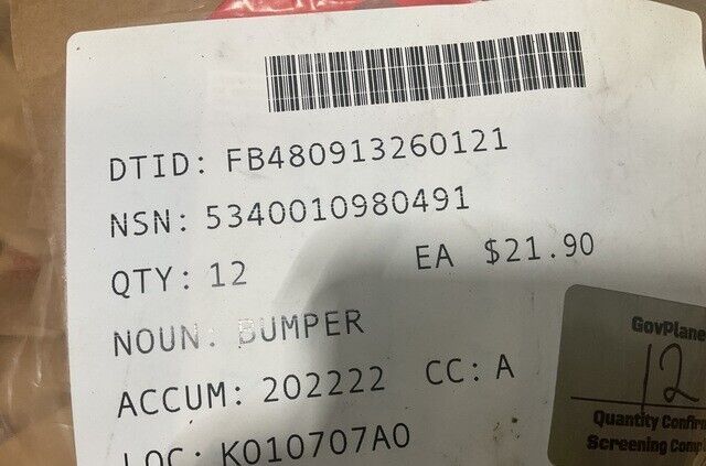 BASIC RUBBER & PLASTICS 68D050001-2061 BUMPER 2.6 L,1.1 W,0.2 D 5340-01-098-0491