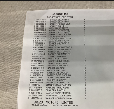 REPAIR KIT 15KW TQG DISEL ENGINE ISUZU 587810-9401 587810-9407 2815-01-560-986