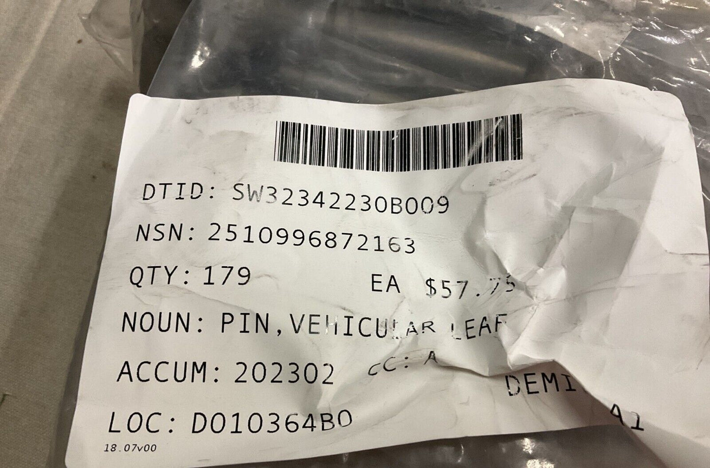 BAE SYSTEMS 013689 VEHICULAR LEAF SPRING SHACKLE PIN 2510-99-687-2163