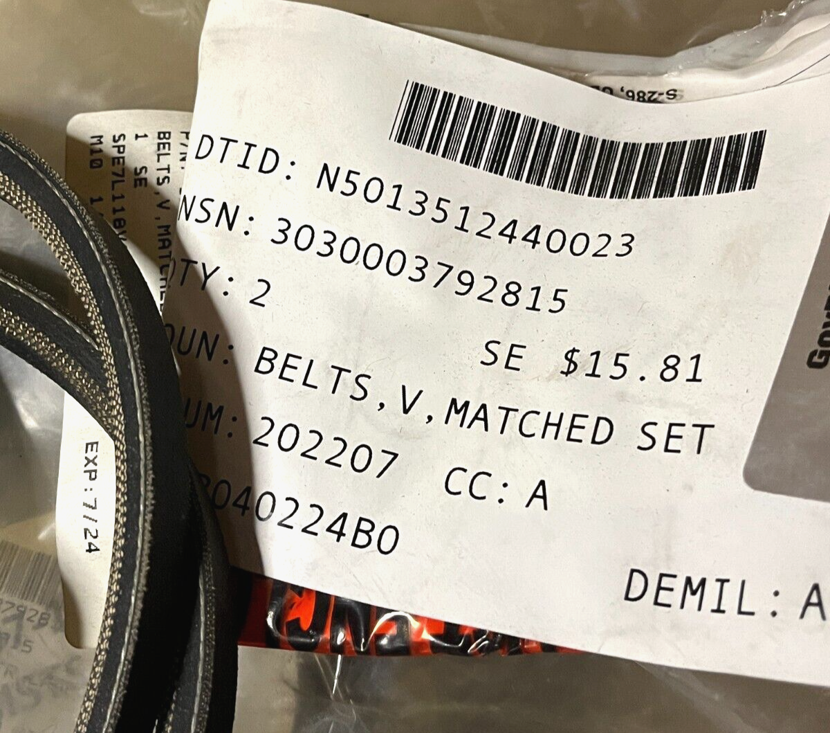 HUMMER HUMVEE HMMWV M998 AM GENERAL 12339359-15 POWER STEERING V-BELT SET OF 2