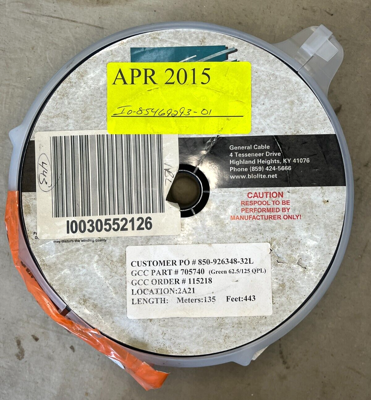 443 FEET PRYSMIAN CABLES FIBER OPTIC CABLE SPOOL 705740 6015-01-467-9547