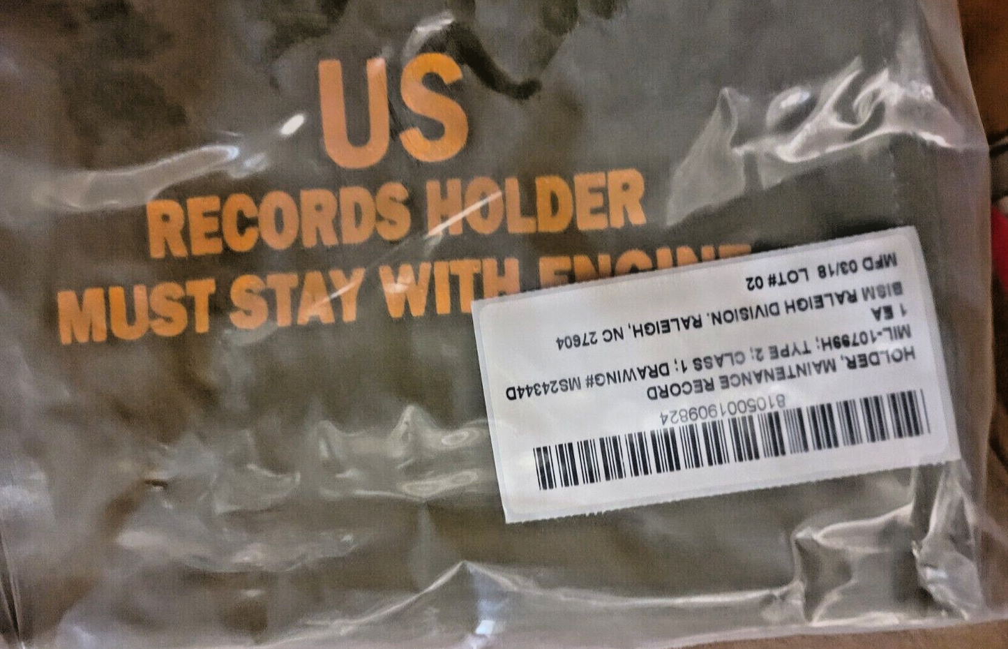 PACKAGING ENVELOPE 8105-00-190-9824 HOLDER MAINTENANCE RECORD MIL-10799H TYPE 2