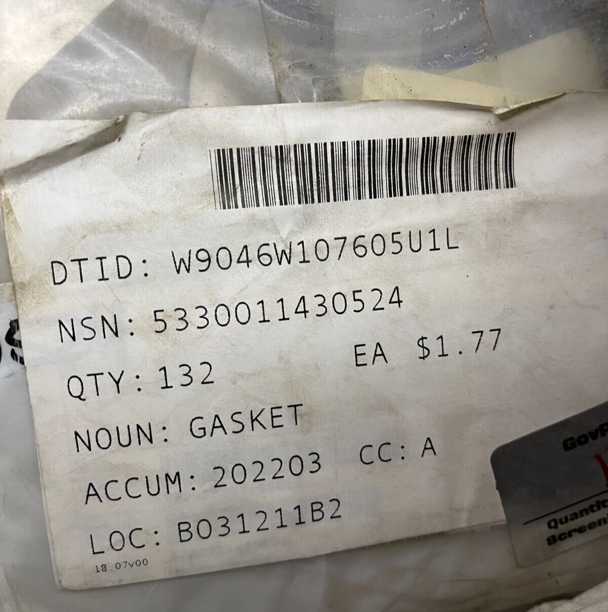 M1070 HET TRUCK 5137221 DRIVE GASKET F-16 AIRCRAFT 5330-01-143-0524