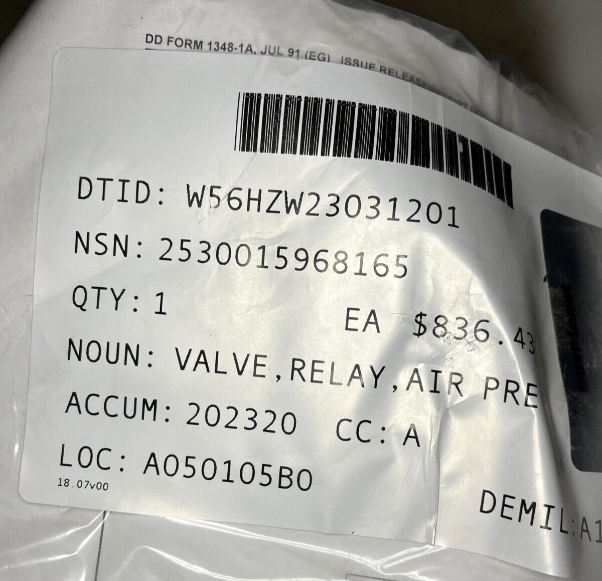MILITARY MMPV, MRAP RG31 R0120203 AIR PRESSURE RELAY VALVE 2530-01-596-8165