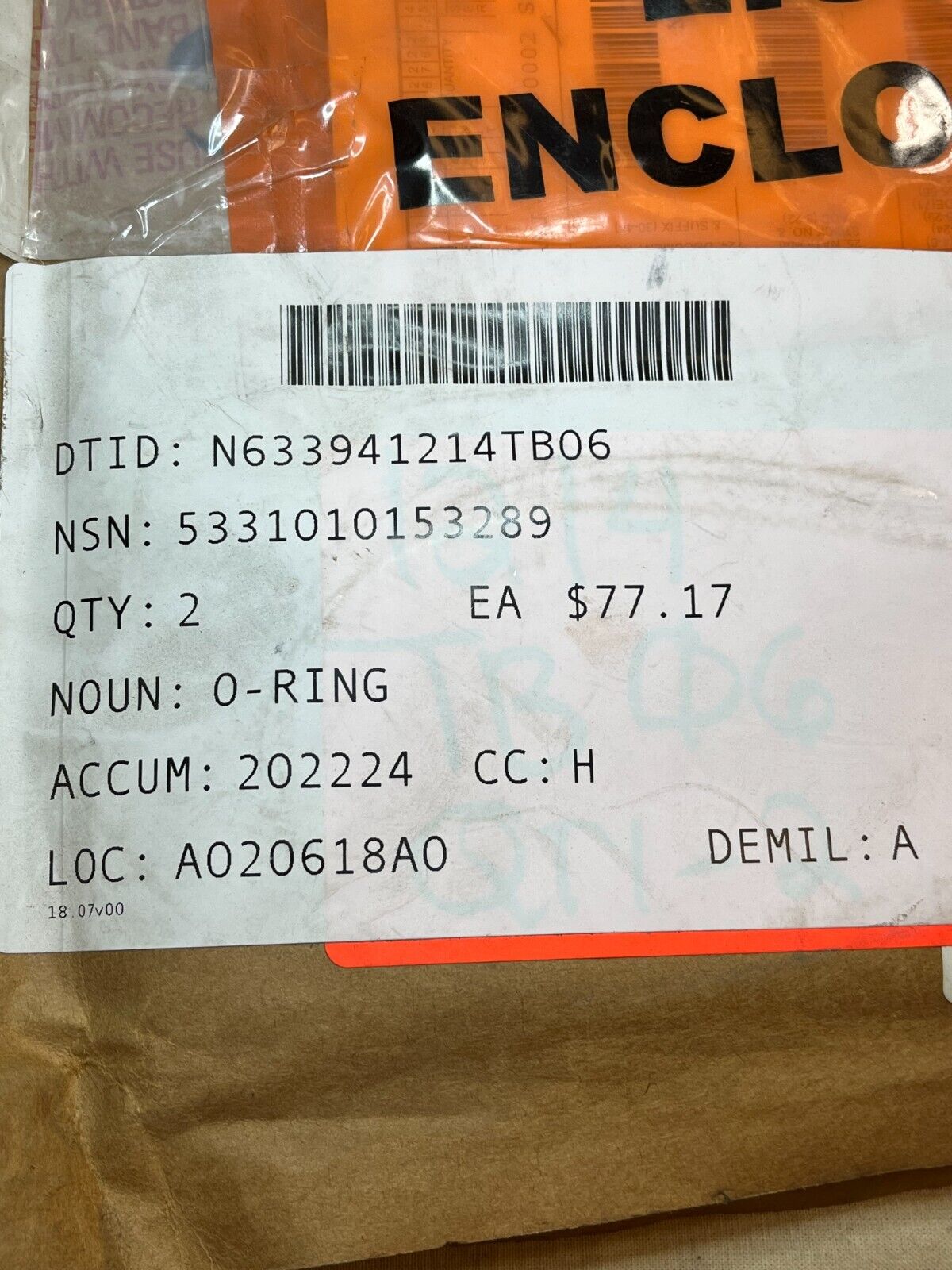 FMS-BUILD FRIGATES CLASS SHIPS O-RING, 0-2-3-5 115657042PC9 NSN 5331-01-015-3289