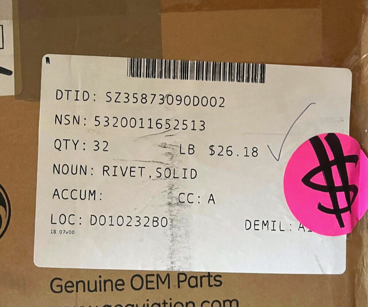 AIRCRAFT B-1B LD121-0009-0506 SOLID RIVET 5320-01-165-2513 USA-STOCK