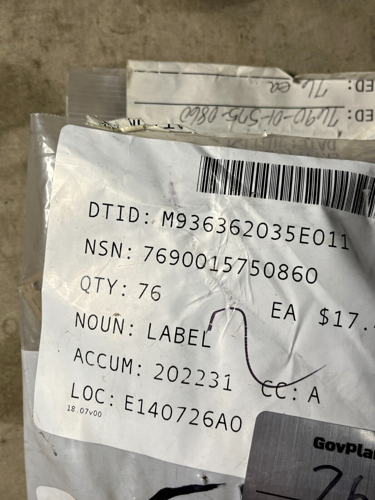 GENUINE AMK25 CARGO TRUCK SHIPPING DATA LABEL 3M BACK 3752907 7690-01-575-0860