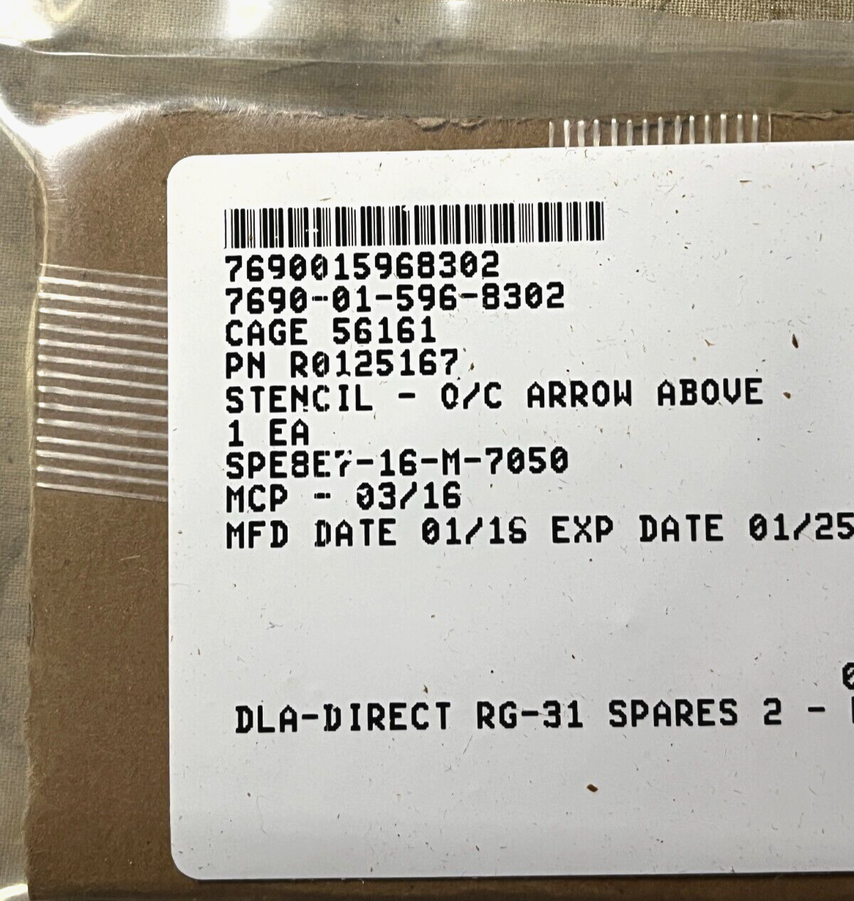 MRAP RG-31 RCV R0125167 IDENTIFICATION MARKER STENCIL - C/O ARROW ABOVE