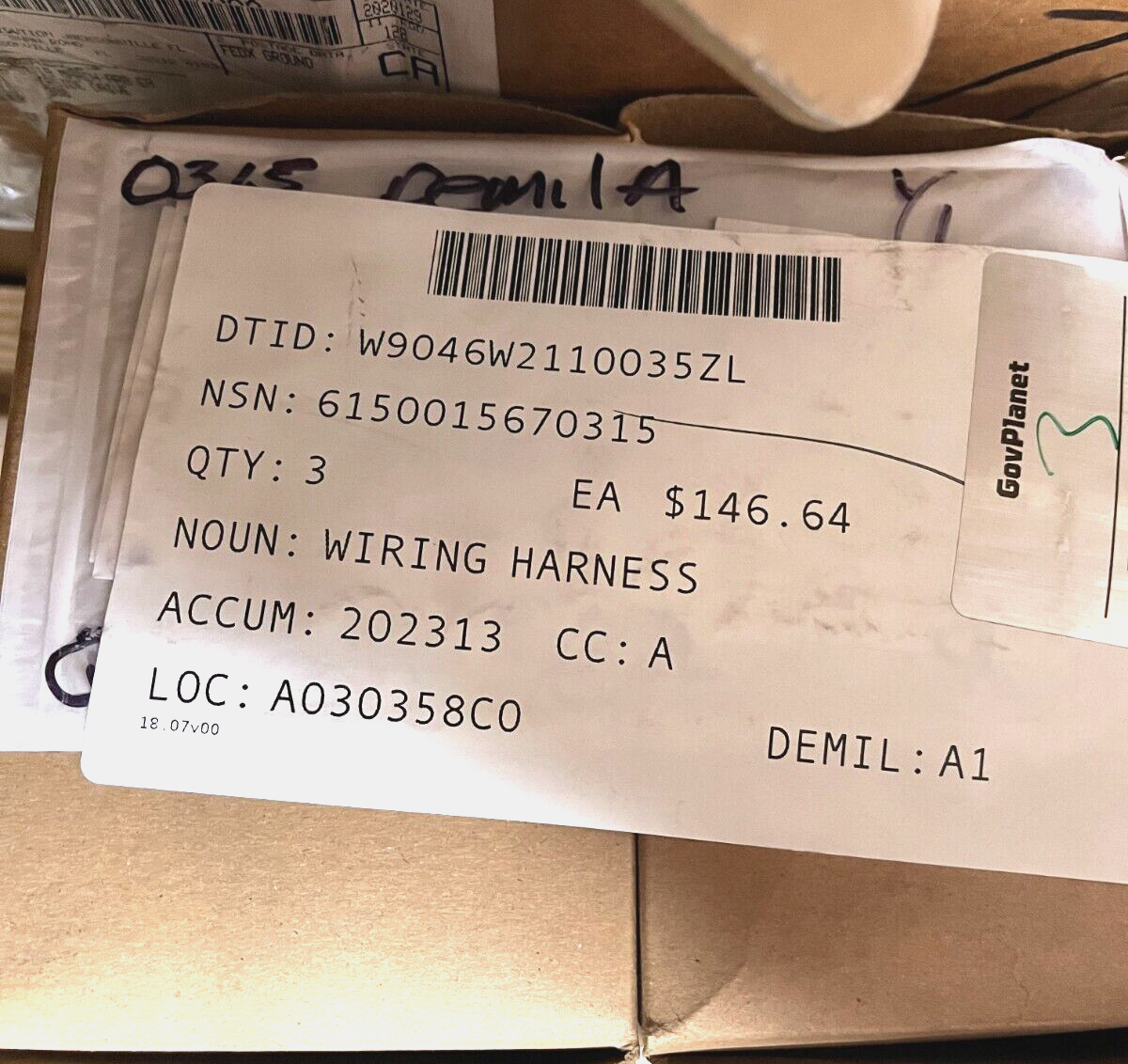 MILITARY MRAP 3680150C91 RAMP DOOR SWITCH, WIRING HARNESS 10A 6150-01-567-0315