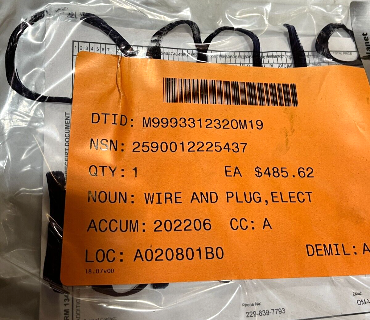 HEMTT TRUCK CS-2590-SV-0705 ELECTRICAL WIRE & PLUG 1462320 2590-01-222-5437