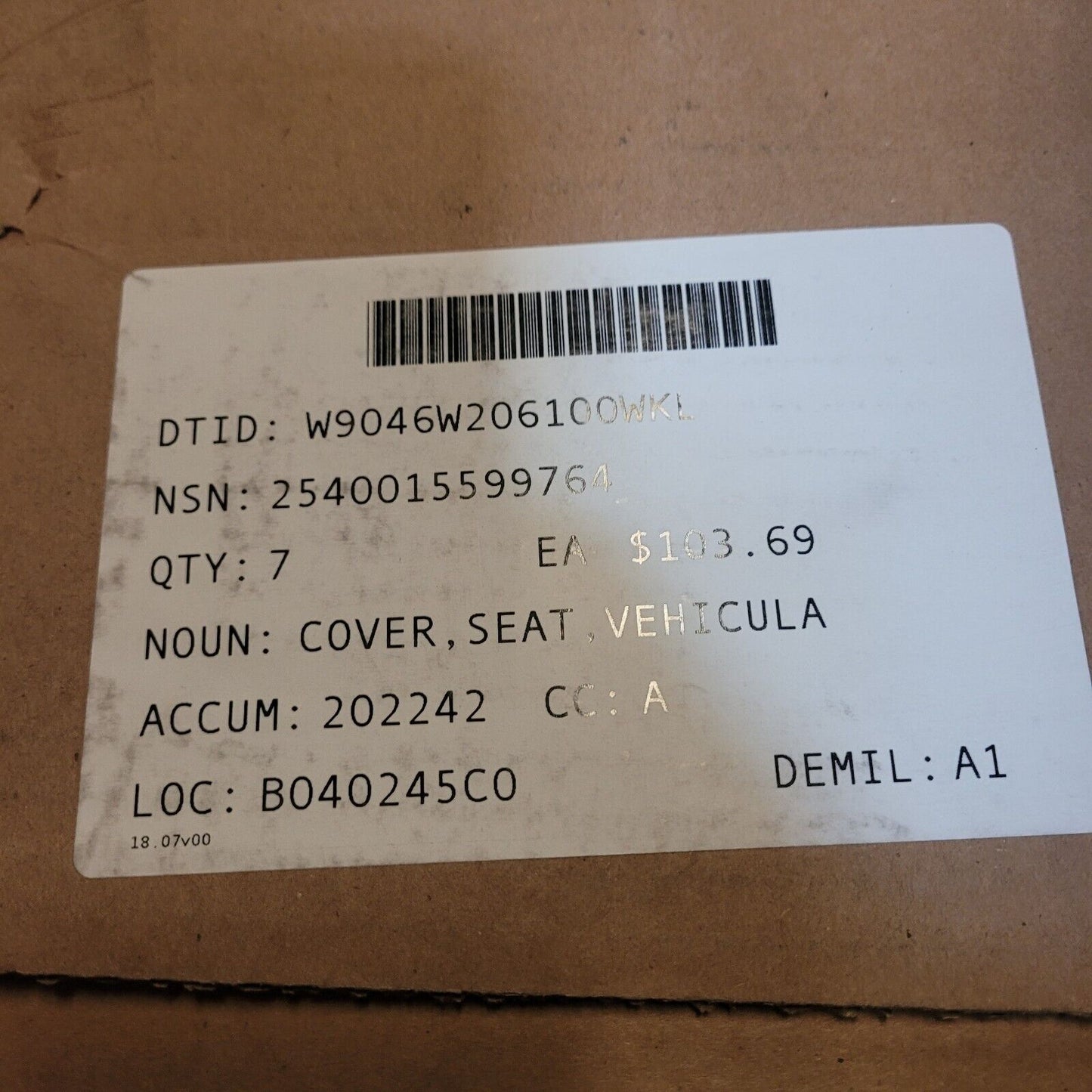 UNIT 7 TOWED 157333 VEHICULAR SEAT COVER BOTTOM SEAT FOAM MILITARY SEAT BOTTOM