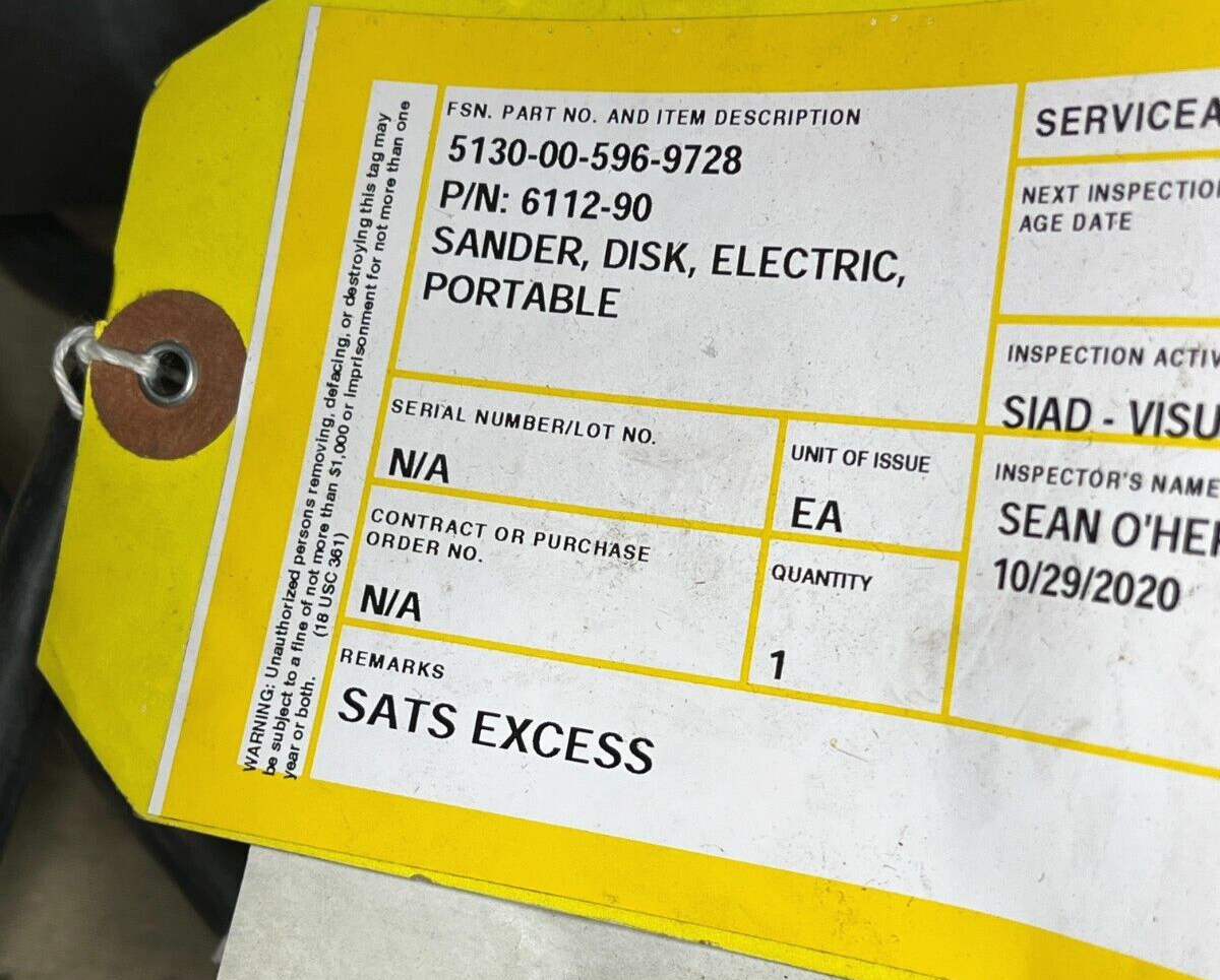 PORTABLE ELECTRIC DISK SANDER 120V AC 6112-90 00-S-90 5130-00-596-9728 NOS