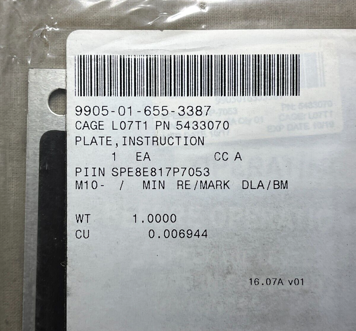 AAVR7A1 HYDRAULIC PUMP OPERATING INSTRUCTIONAL PLATE 5433070 9905-01-655-3387