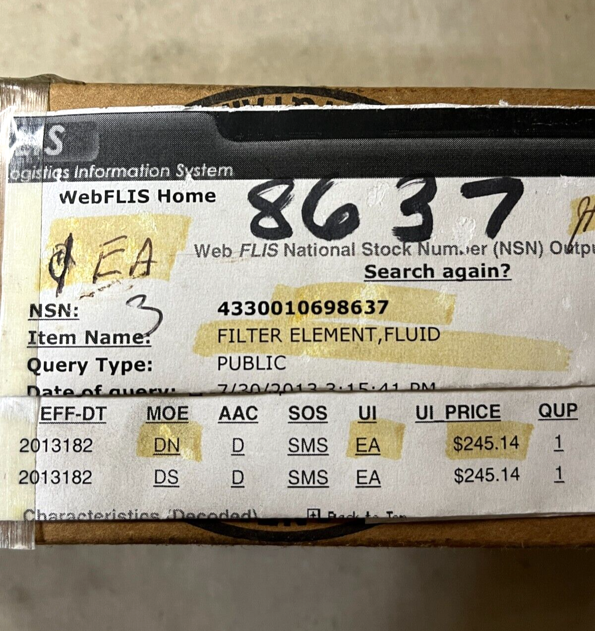 CADILLAC MIL-B-131H 5EC4888-138 FLUID FILTER ELEMENT 4330-01-069-8637 USA