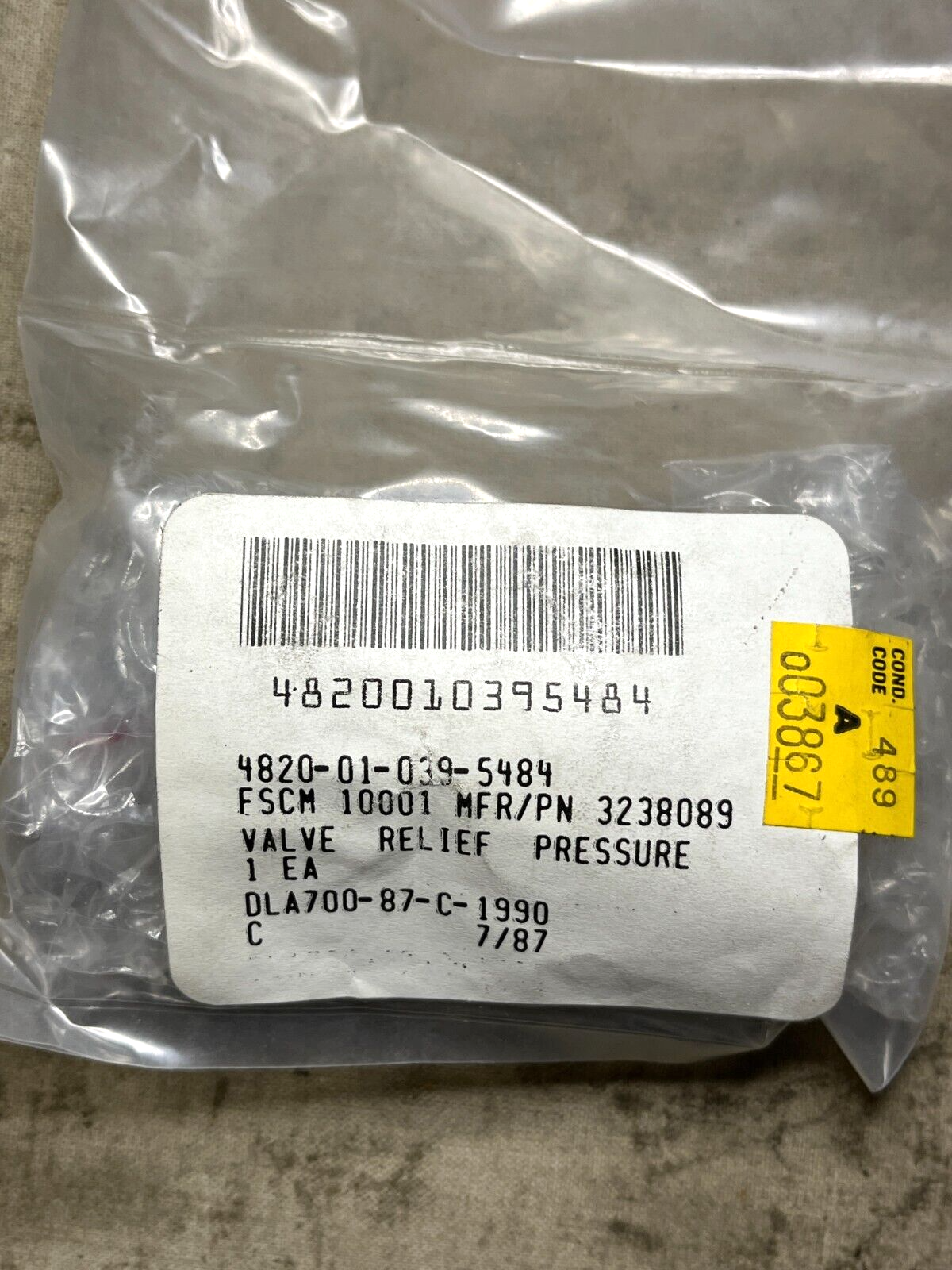 SAFETY RELIEF PRESSURE VALVE CARTRIDGE 3238089 2510306 4820-01-039-5484