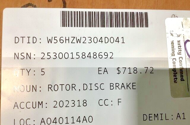 RG-31 MRAP VEHICLE AXLETECH 321801044E DISC BRAKE ROTOR 2530-01-584-8692