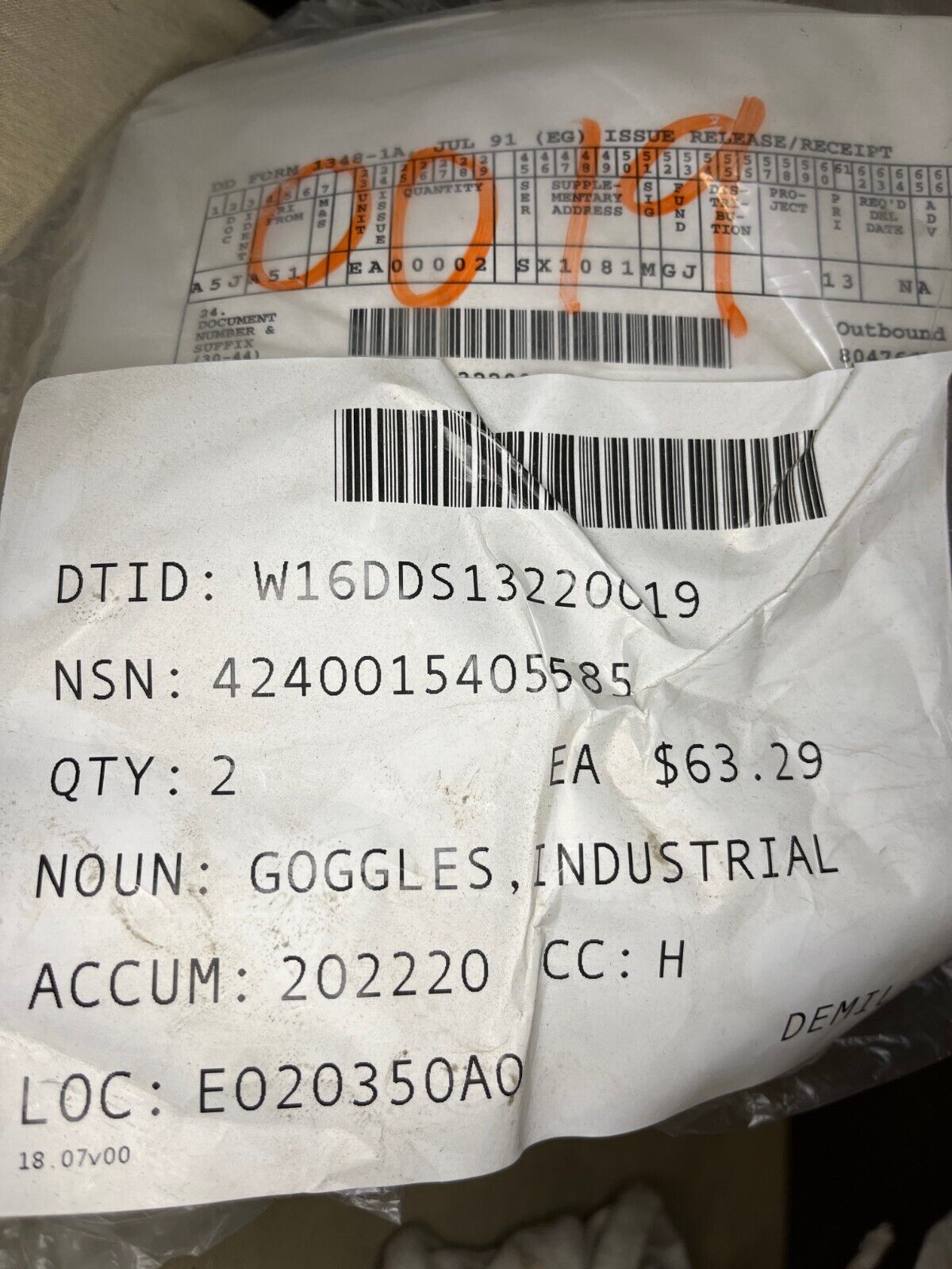 ESS EP-01FG1-MSB CLEAR SMOKE GREEN INDUSTRIAL GOGGLES 10310190 4240-01-540-5585