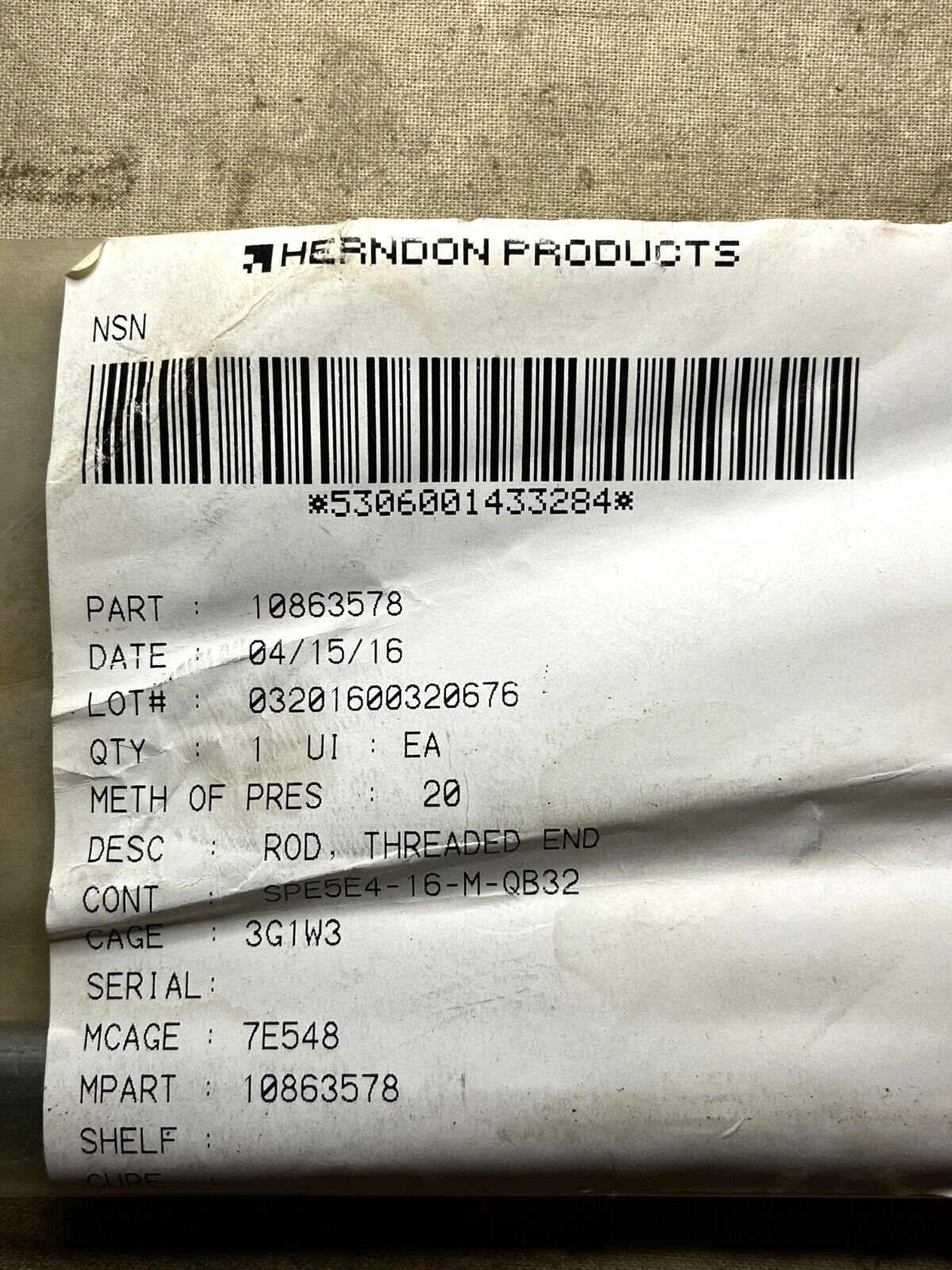 M60A1 & M48A5 TANK HERNDON 10863578 RIGHT-HAND THREADED END ROD 5306-00-143-3284